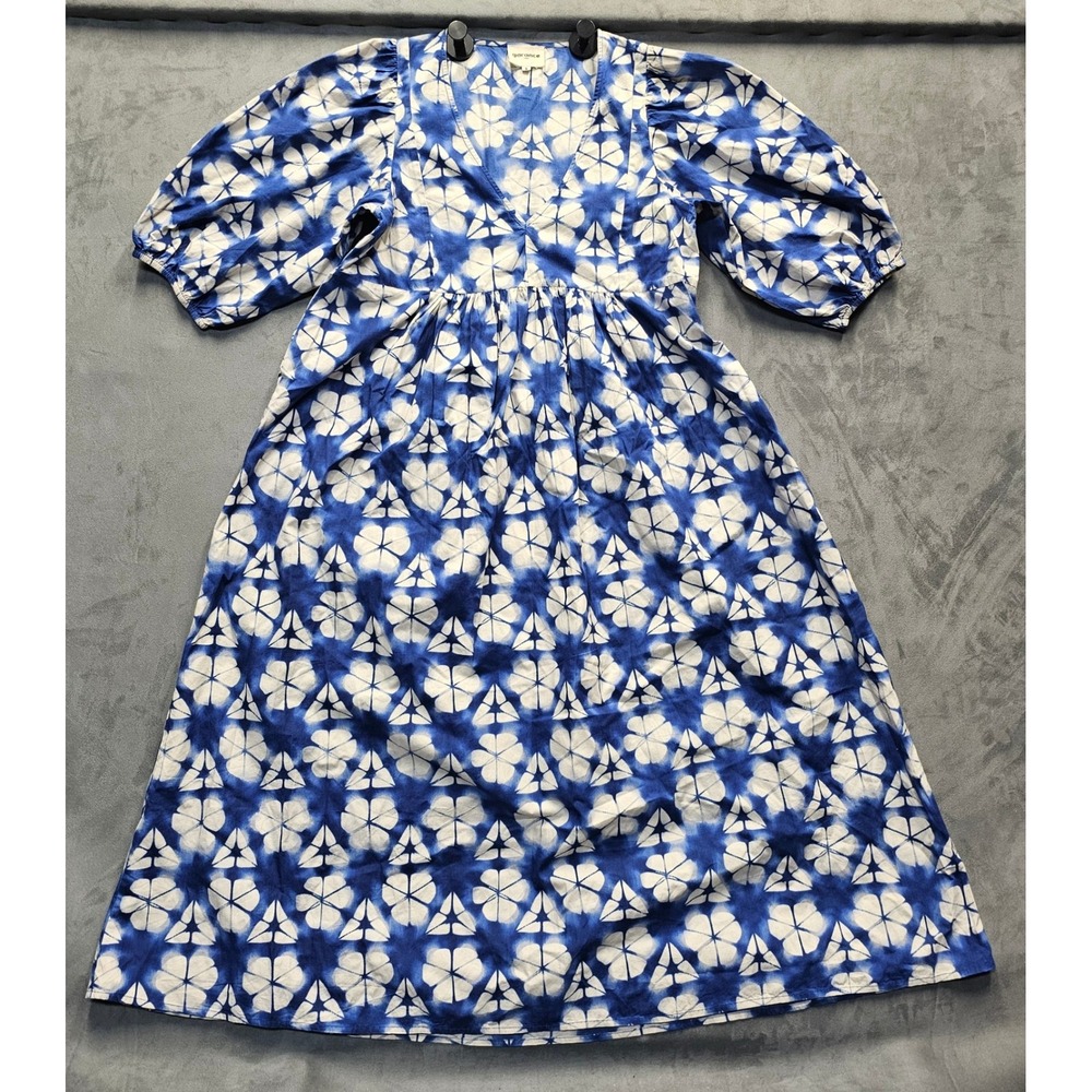 Garance Paris Blue White Floral Print Cotton Puff Sleeve Midi Dress Small